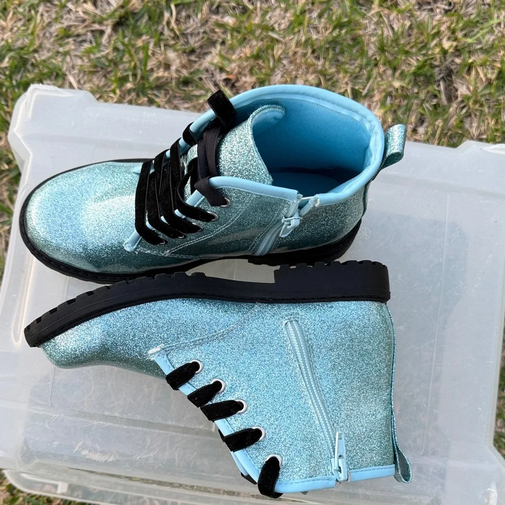 Sparkly Blue Kids Boots with Black Laces